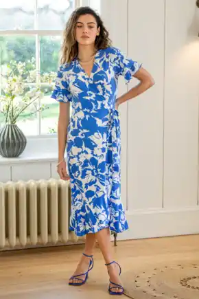 Megan Fuller Bust Slinky Jersey Frill Detail Midi Wrap Dress - Blue/White