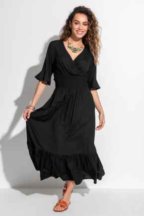 Carmen Short Sleeve Elasticated Neckline Midaxi Dress with LENZING™ ECOVERO™ Viscose - Black