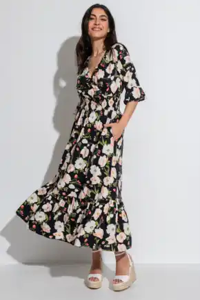 Carmen Short Sleeve Elasticated Neckline Midaxi Dress with LENZING™ ECOVERO™ Viscose - Black Floral