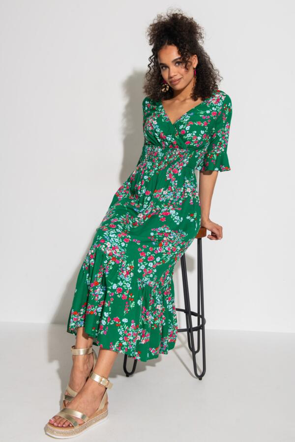 Carmen Fuller Bust Elasticated Neckline Woven Midaxi Dress - Green Floral