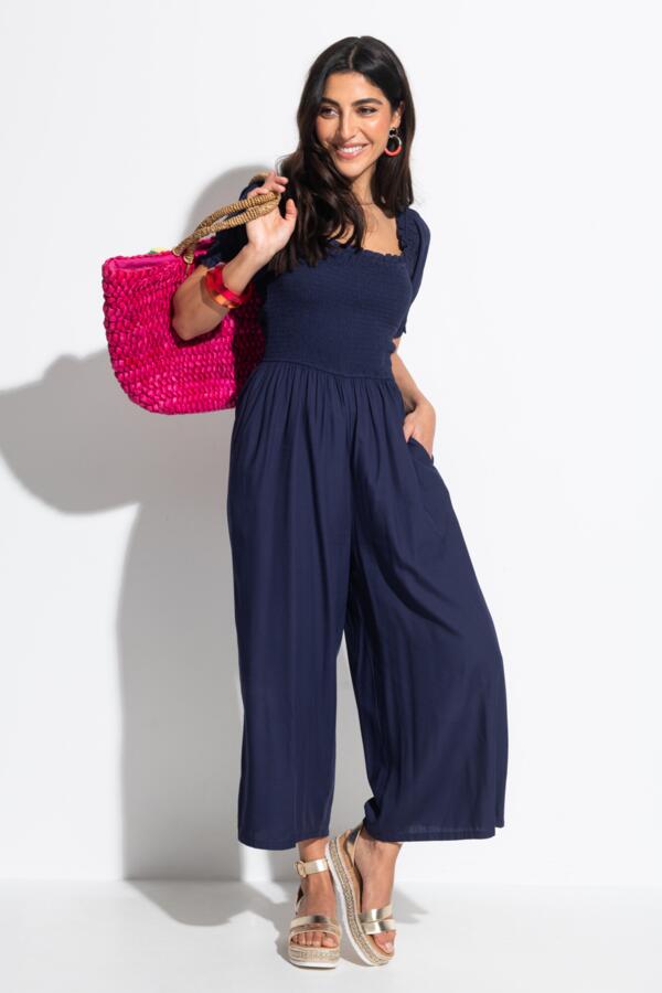 Sally Shirred Bodice Woven Puff Sleeve Jumpsuit