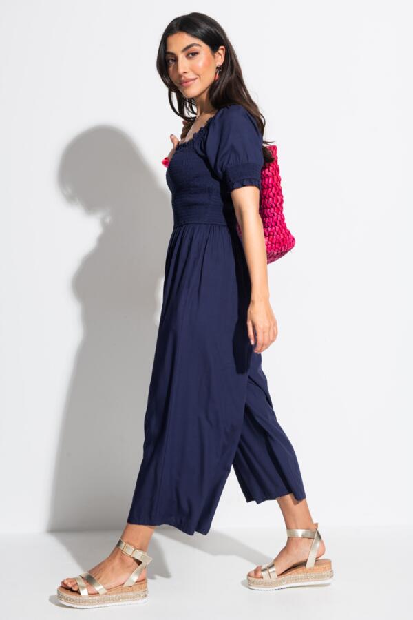 Sally Shirred Bodice Woven Puff Sleeve Jumpsuit