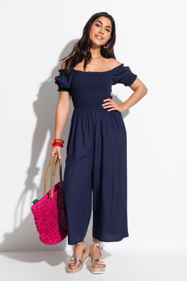 Sally Shirred Bodice Woven Puff Sleeve Jumpsuit