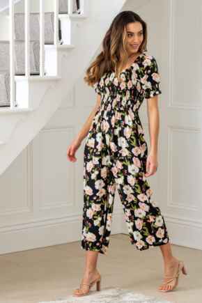 Sally Shirred Bodice Woven Puff Sleeve Jumpsuit with LENZING™ ECOVERO™ Viscose - Black Floral