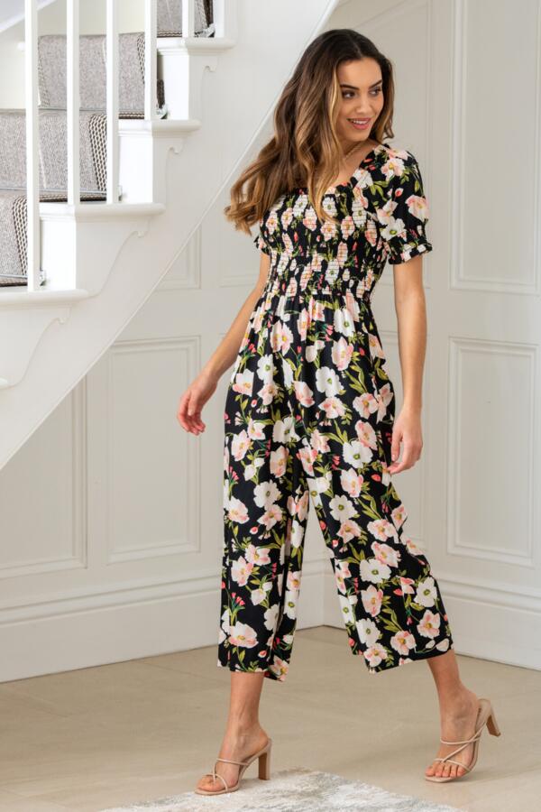 Sally Shirred Bodice Woven Puff Sleeve Jumpsuit with LENZING™ ECOVERO™ Viscose