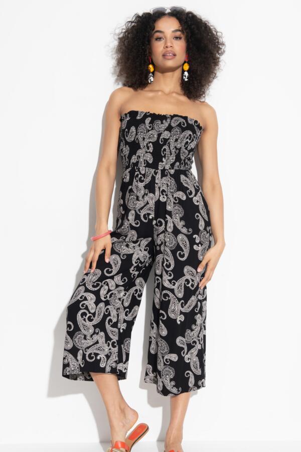 Strapless Shirred Bodice Crop Leg Beach Jumpsuit