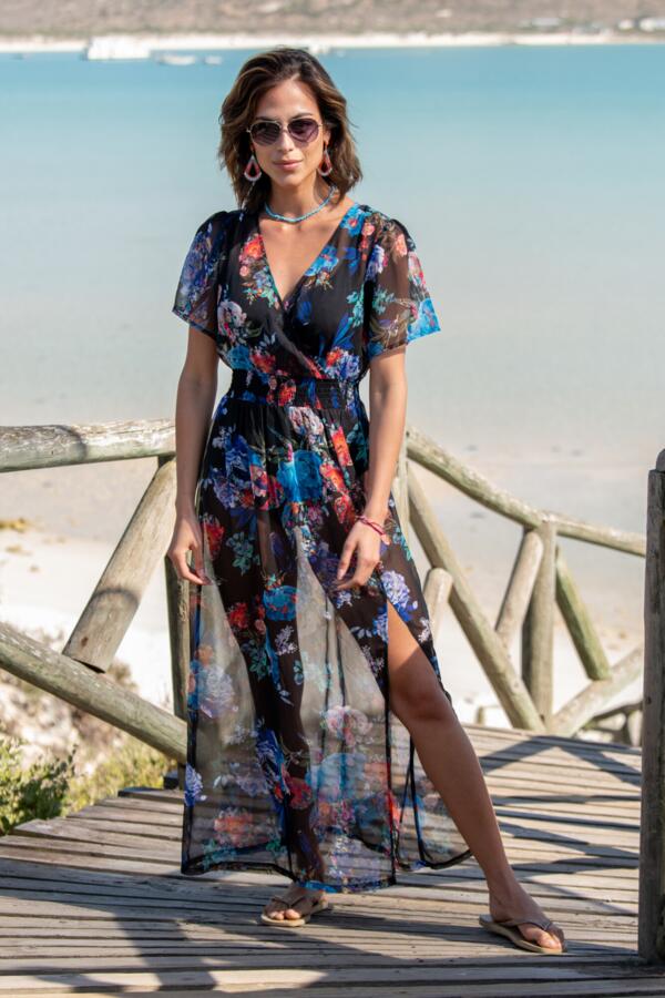 Short Sleeve Chiffon Wrap Maxi Kaftan - Black Floral