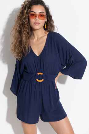 LENZING™ ECOVERO™ Viscose Crinkle O Ring Beach Playsuit - Navy