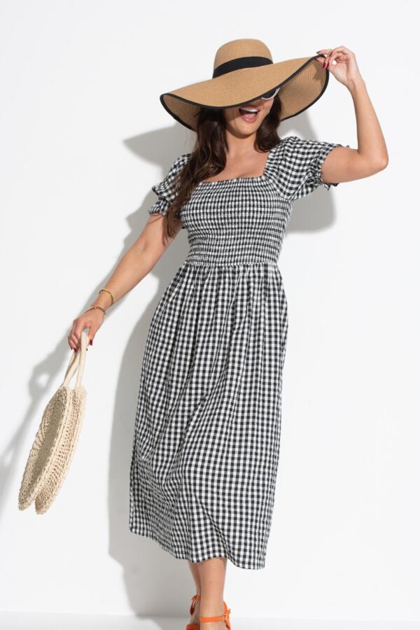 Daisy Shirred Bodice Short Sleeve Linen Blend Midi Dress