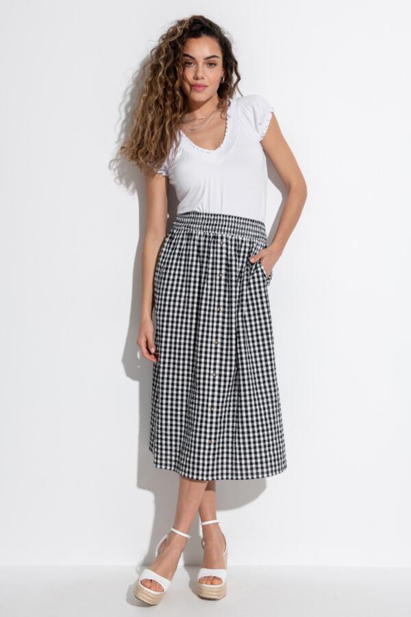 Deanna Shirred Waist Button Detail Woven Midi Skirt