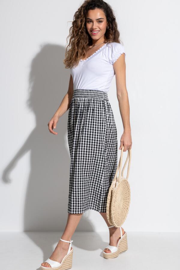 Deanna Shirred Waist Button Detail Woven Midi Skirt