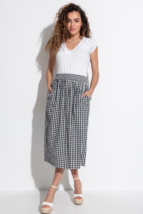 Deanna Shirred Waist Button Detail Woven Midi Skirt