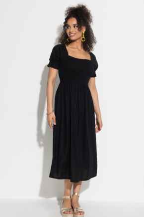 Daisy Shirred Bodice Short Sleeve Linen Blend Midi Dress - Black