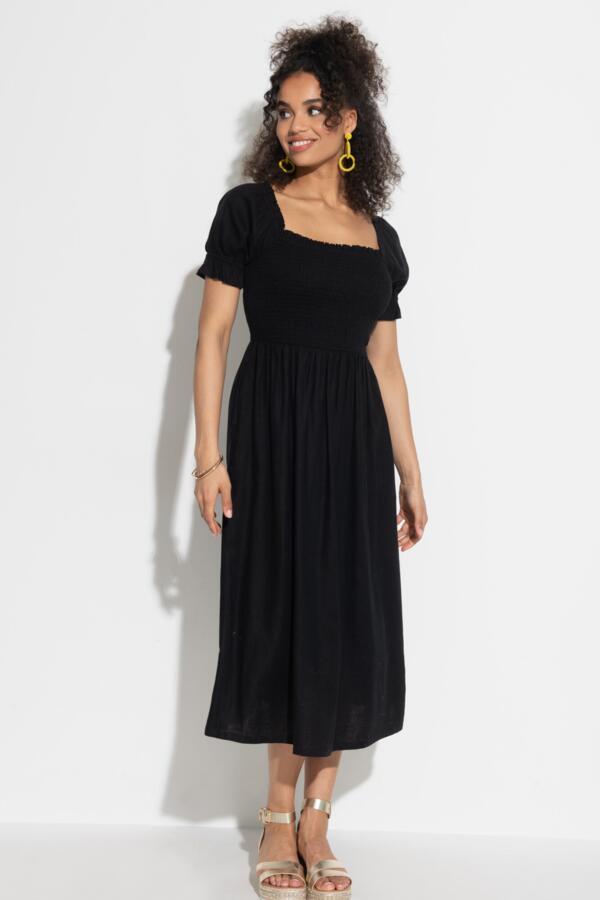 Daisy Shirred Bodice Short Sleeve Linen Blend Midi Dress - Black