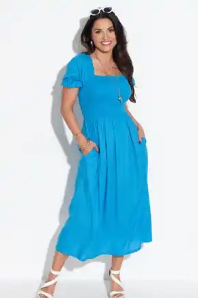 Daisy Shirred Bodice Short Sleeve Linen Blend Midi Dress - Blue