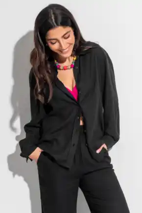 Wren Button Through Linen Blend Long Sleeve Shirt - Black