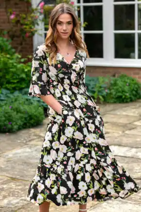 Carmen Short Sleeve Elasticated Neckline Midaxi Dress with LENZING™ ECOVERO™ Viscose - Black Floral
