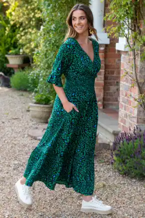 Carmen Short Sleeve Elasticated Neckline Midaxi Dress with LENZING™ ECOVERO™ Viscose - Green Leopard
