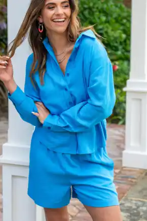 Wren Button Through Linen Blend Long Sleeve Shirt - Blue