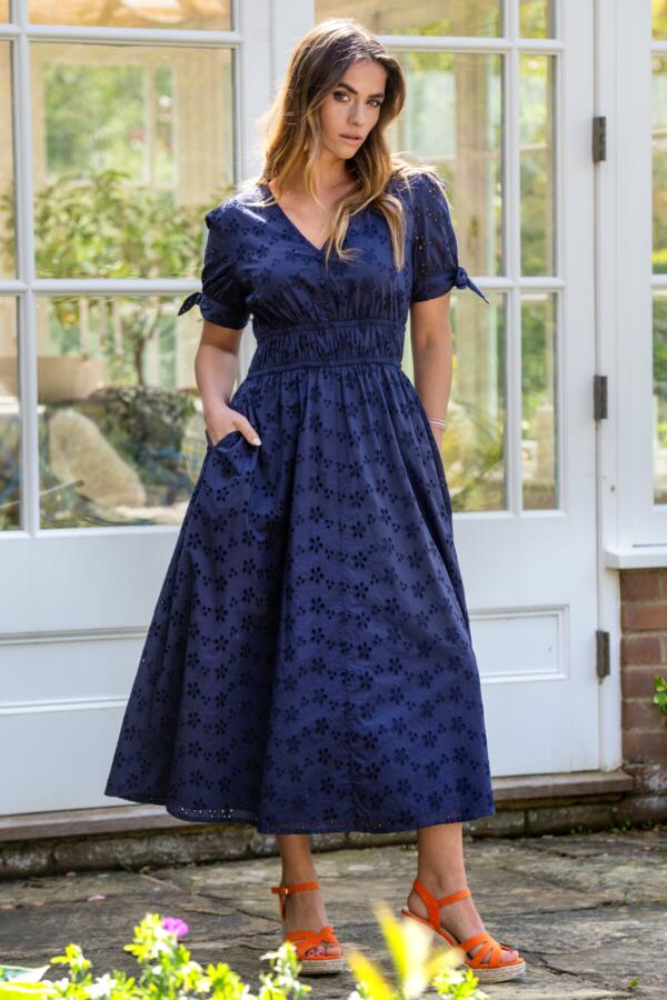 Amanda Cotton Broderie Tiered Midaxi Dress - Navy