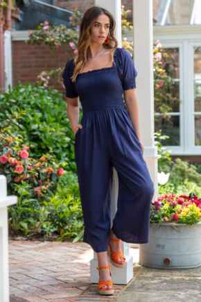 Sally Shirred Bodice Woven Puff Sleeve Jumpsuit with LENZING™ ECOVERO™ Viscose - Navy