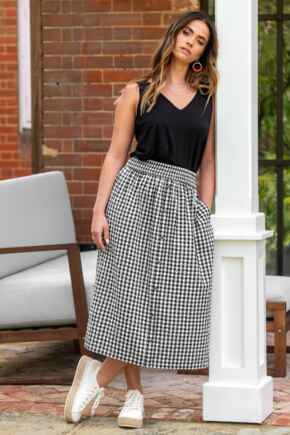 Deanna Shirred Waist Button Detail Woven Midi Skirt - Black/White