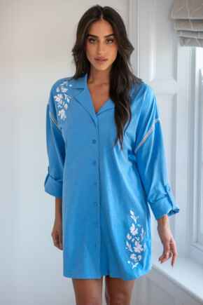 Cotton Jersey Embroidered Revere Collar Oversized Nightshirt - Blue/White