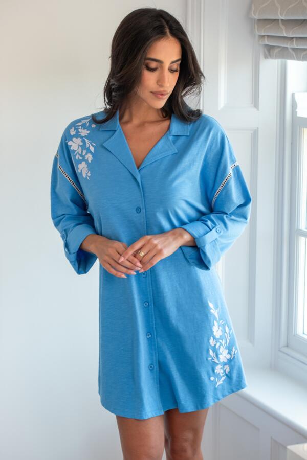 Cotton Jersey Embroidered Revere Collar Oversized Nightshirt