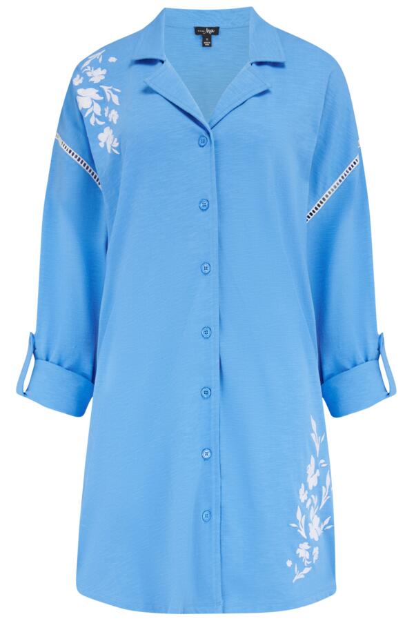 Cotton Jersey Embroidered Revere Collar Oversized Nightshirt