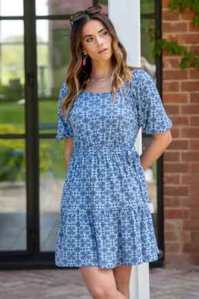 Sienna Short Sleeve Tie Waist Pointelle Jersey Dress - Blue Multi