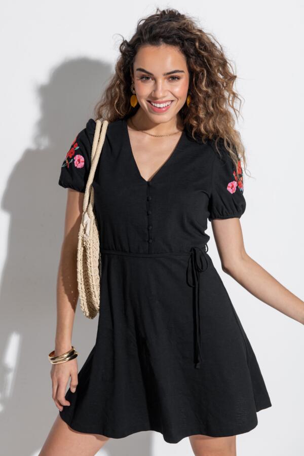 Bella Embroidered Sleeve Cotton Slub Jersey Tea Dress