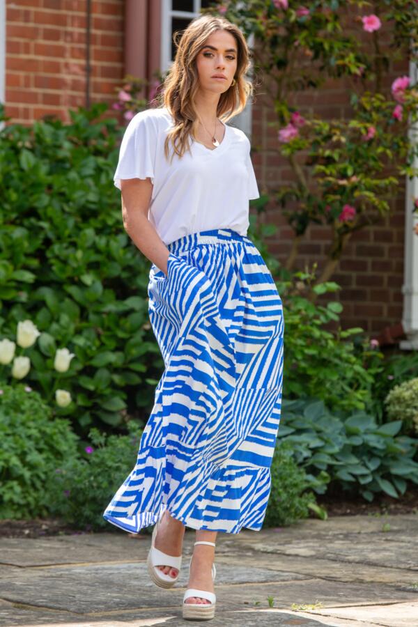 Susan Cotton Poplin Tiered Hem Midaxi Co-Ord Skirt - Blue/White