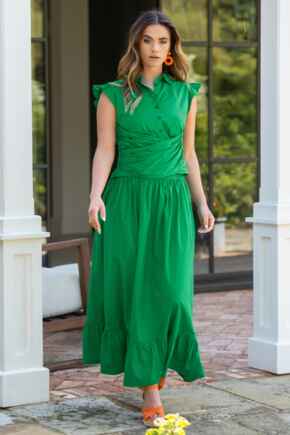 Susan Cotton Poplin Tiered Hem Midaxi Skirt - Green