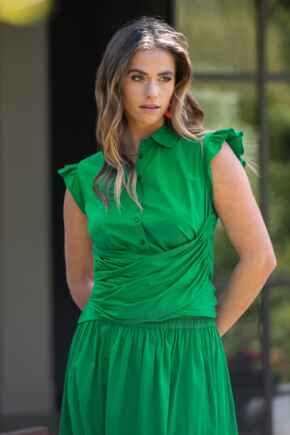 Shae Cotton Poplin Twist Tie Frill Sleeve Shirt - Green