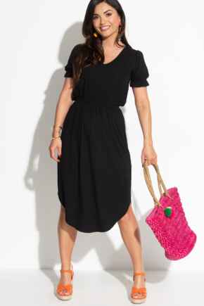 Jenny Puff Sleeve Jersey Midi Dress with LENZING™ ECOVERO™ Viscose - Black