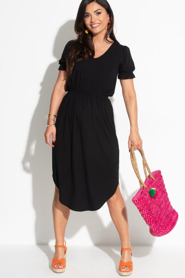 Jenny Puff Sleeve Jersey Midi Dress - Black