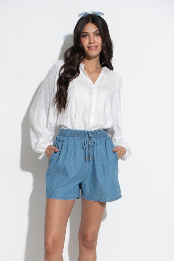 Connie Shirred Stretch Waist Chambray Short - Light Blue