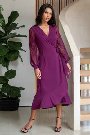 Carrie Lace Sleeve Midi Slinky Jersey Wrap Dress - Grape