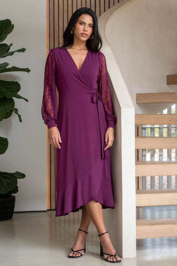 Carrie Lace Sleeve Midi Slinky Jersey Wrap Dress