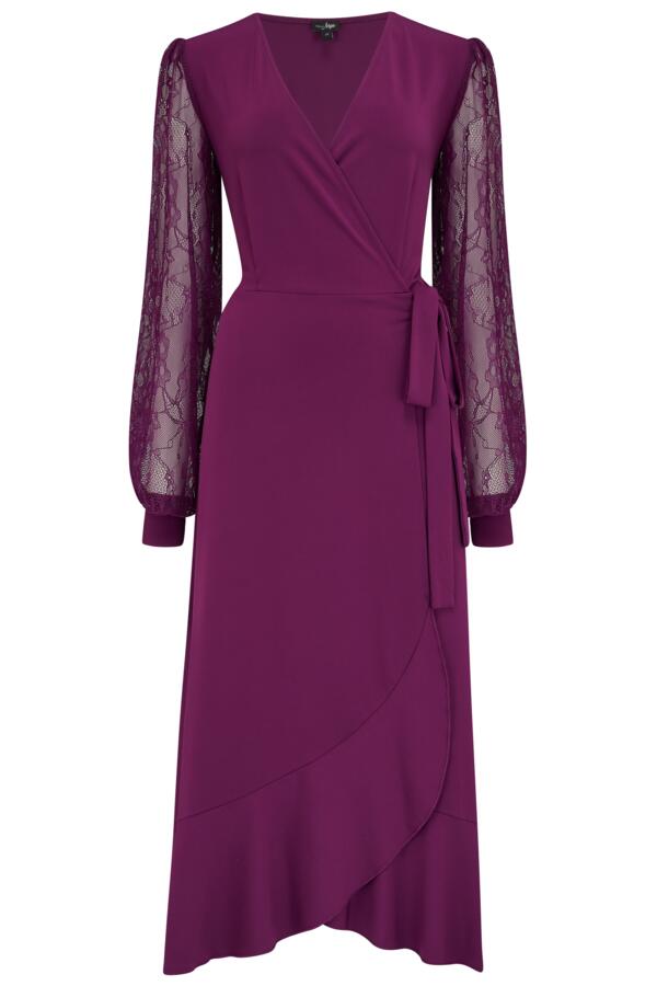 Carrie Lace Sleeve Midi Slinky Jersey Wrap Dress