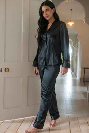 Dusk Satin and Lace Revere Collar Pyjama Set - Black