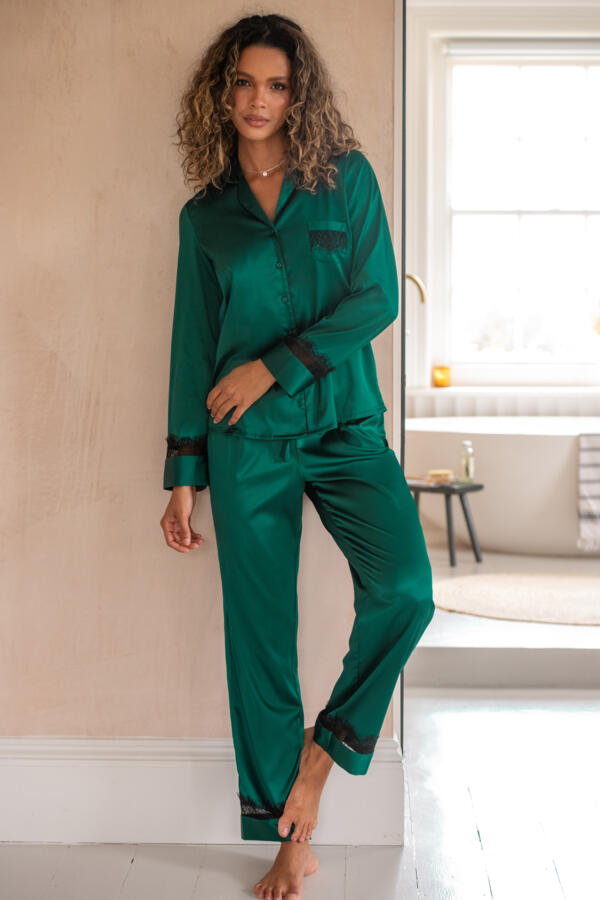 Dusk Satin and Lace Revere Collar Pyjama Set