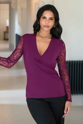 Julie Slinky Jersey Lace Long Sleeve Top  - Grape