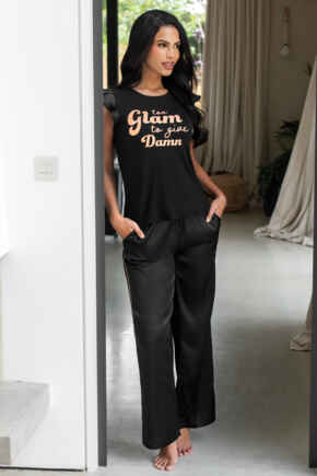 Satin Jersey Glam T-Shirt Pyjama Set - Black/Rose Gold