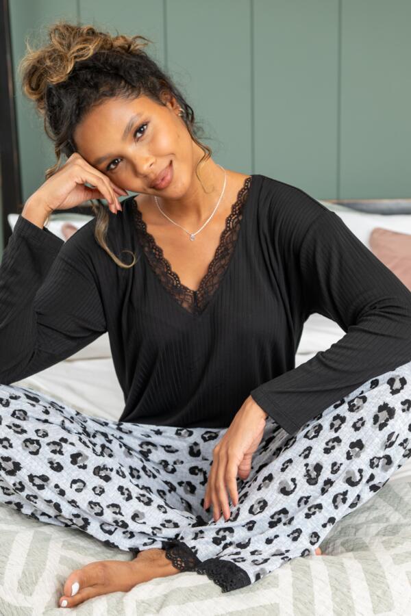 Brushed Rib Lace Trim V-Neck Lounge Pyjama Set - Grey Marl/Black