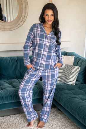 Cosy Check Brushed Cotton Pyjama Gift Set - Steel Blue/Pink