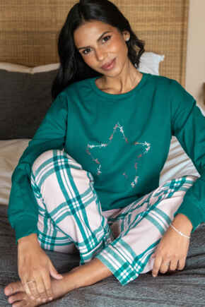 Pour Moi Logo Sweatshirt  Cosy Check Pyjama Set  - Light Pink/Teal