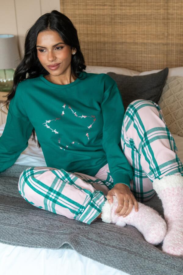 Pour Moi Logo Sweatshirt  Cosy Check Pyjama Set