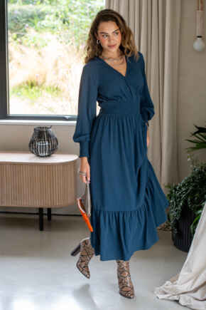 Carmen Fuller Bust Woven Elasticated Neckline Long Sleeve Midaxi Dress - Ink