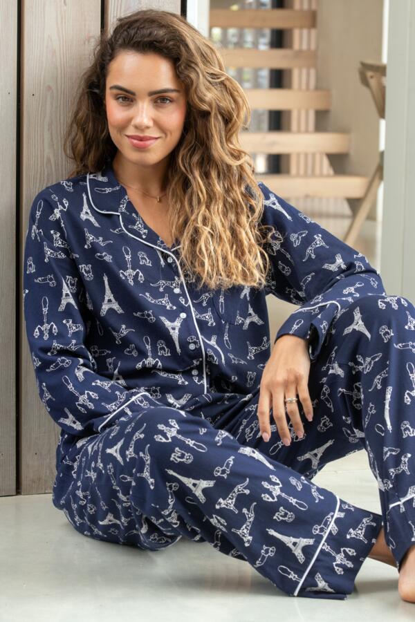 Cotton Jersey Dog Print Revere Collar Pyjama Set - Navy/White